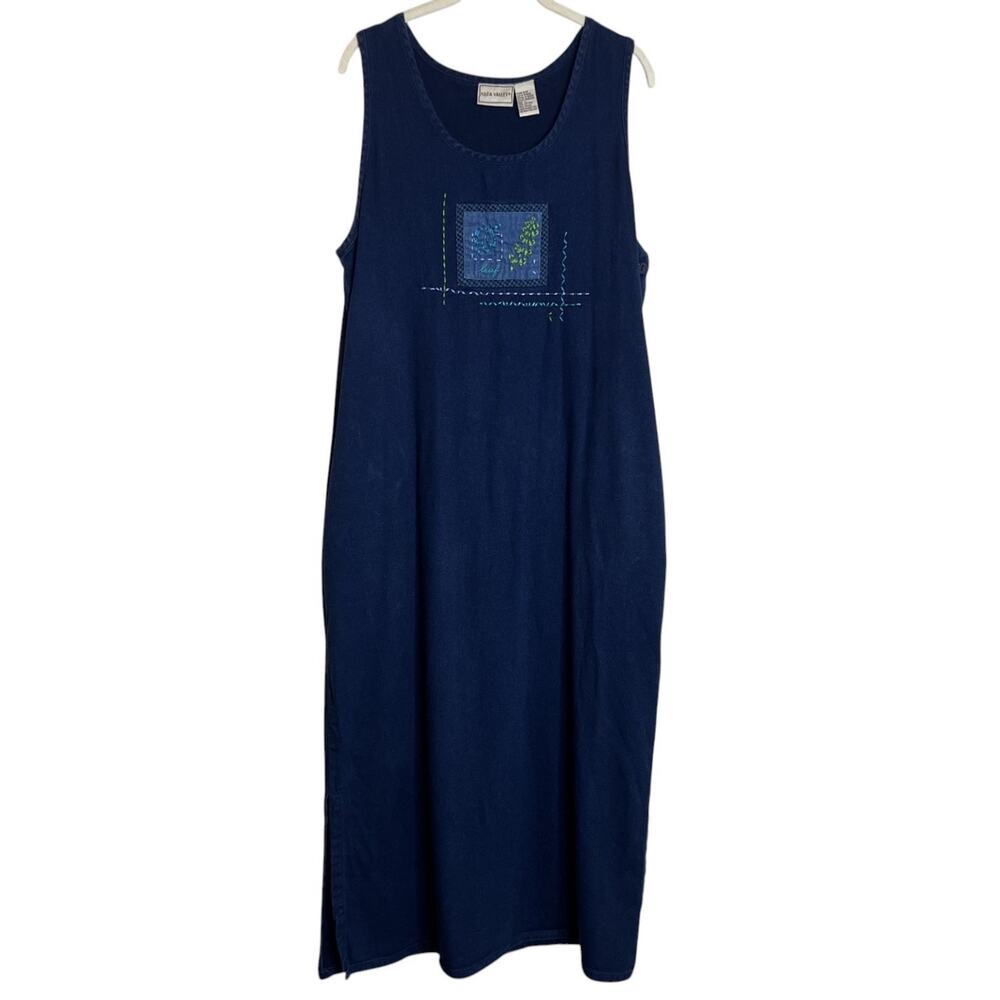Napa Valley Chambray Maxi Dress Sleeveless Jumper Large Blue Embroidered Vintage